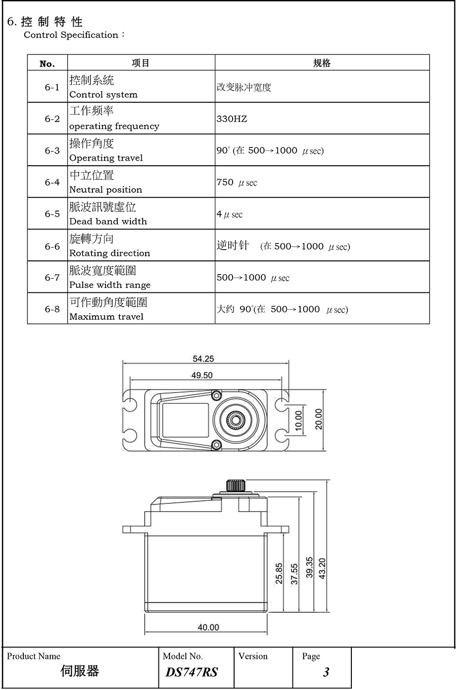DS747RS 760μs Rudder Servo